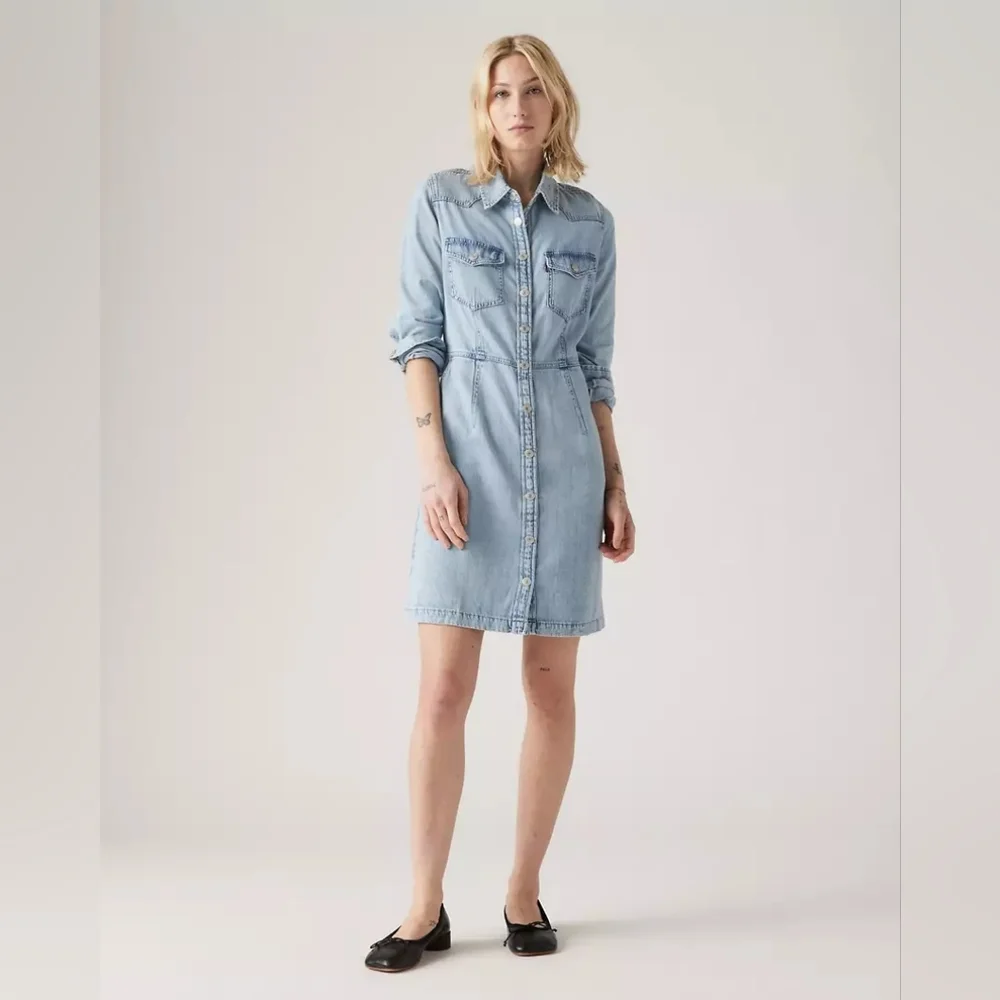 Levi’s Denim Shirt Dress Button Front Light Wash Western Lyocell - Picture 2 of 8